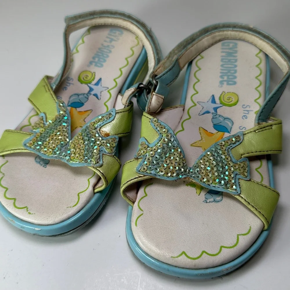 Vtg Gymboree Girls Mermaid Sequin Sandals Green Sea Shell Summer Shoes Size 11.5